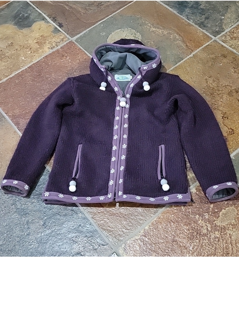 Laundromat Nepal Fleece Lined Wool Sweater / jacket Purple Flowers Womens Sz Med